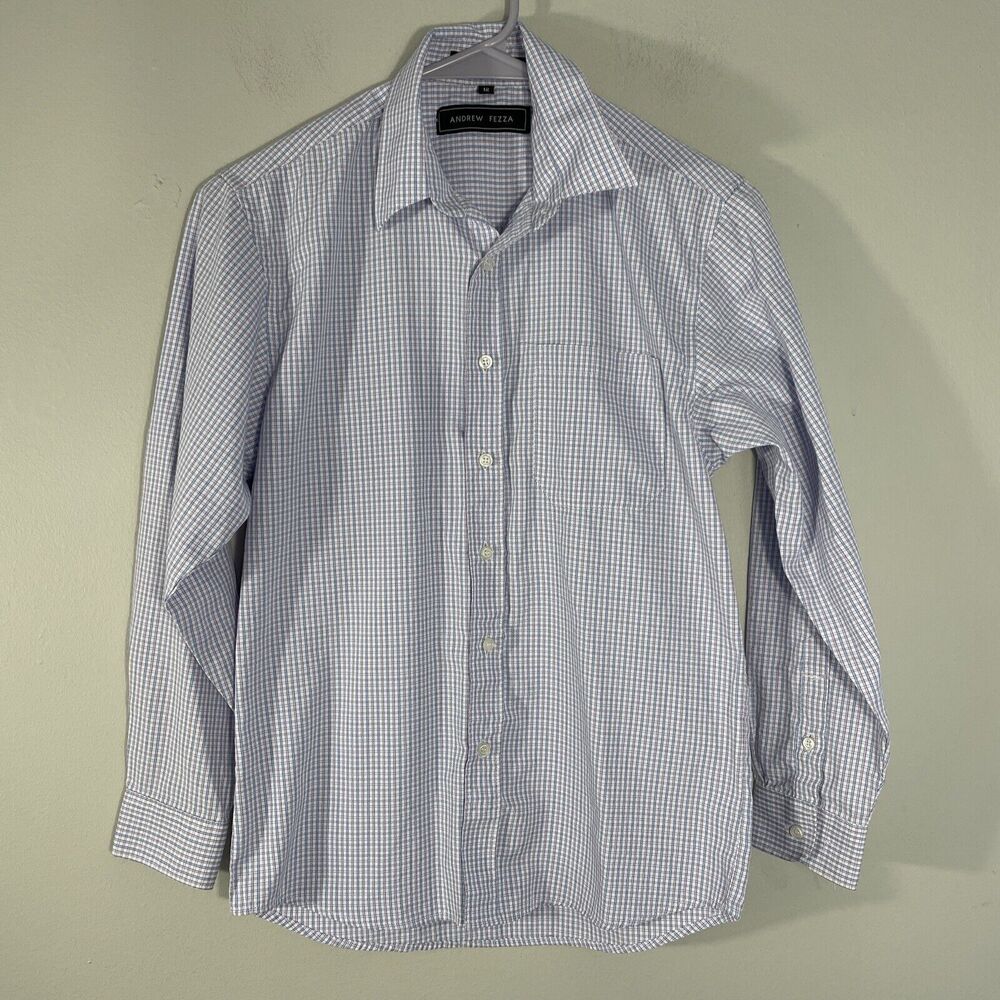 Andrew Fezza Boys Size 12 Long Sleeve Plaid Button Down Shirt Blue White Purple